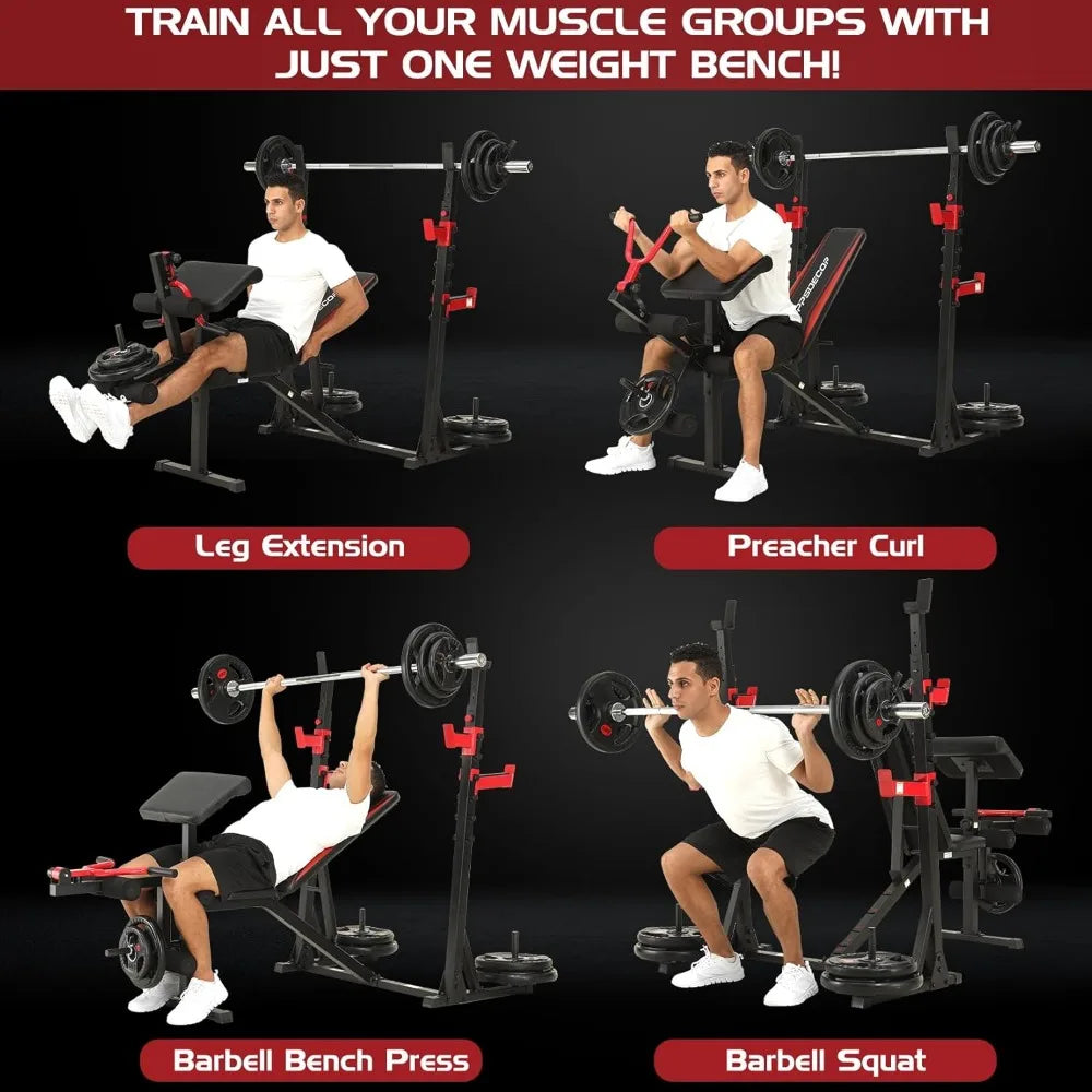 900lbs Weight Bench Set with Squat Rack & Preacher Curl Station