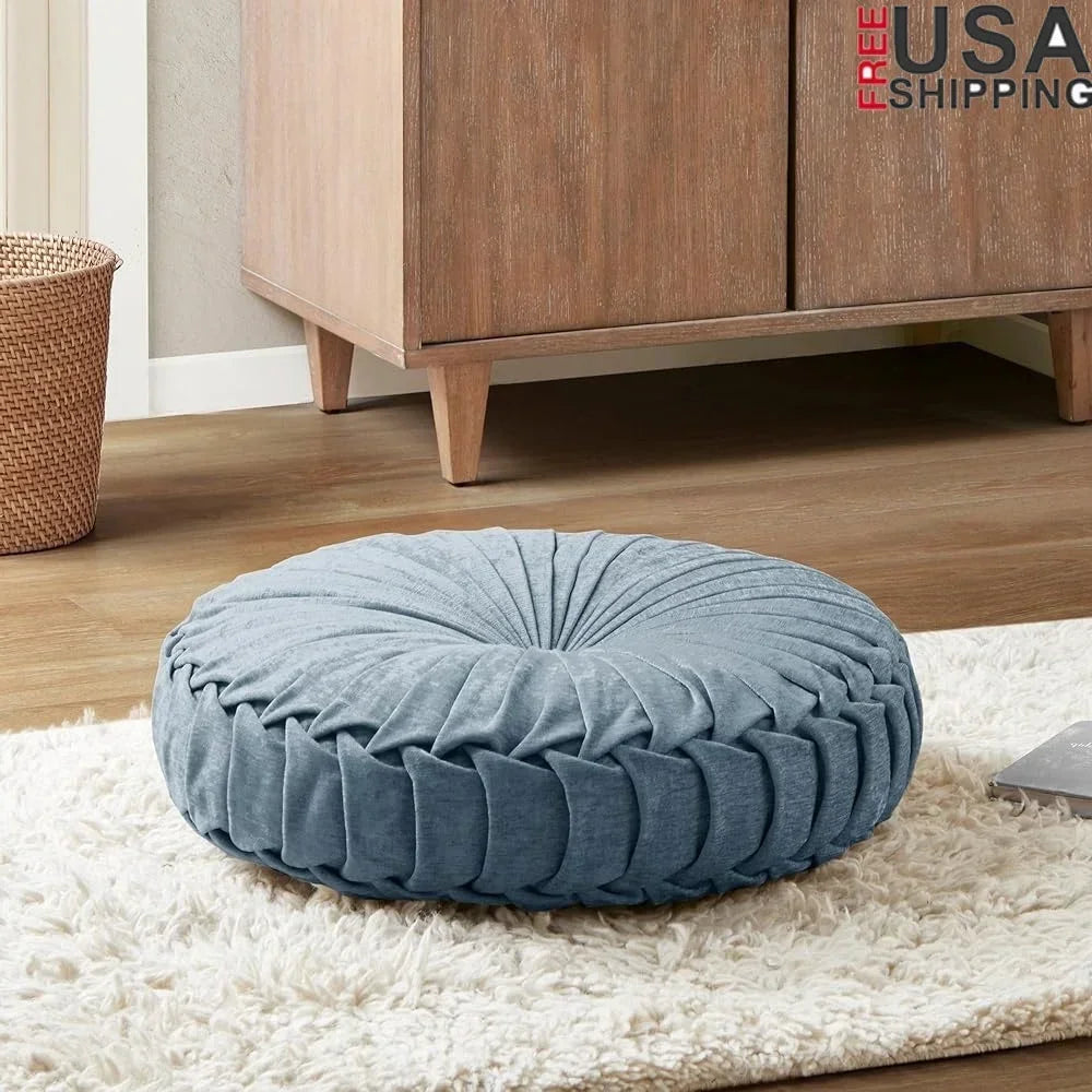Loretta Chenille Round Floor Pillow Soft Button Tufted Meditation Cushion Elegant Pleated Details Cozy Home Decor Ideal Yoga and