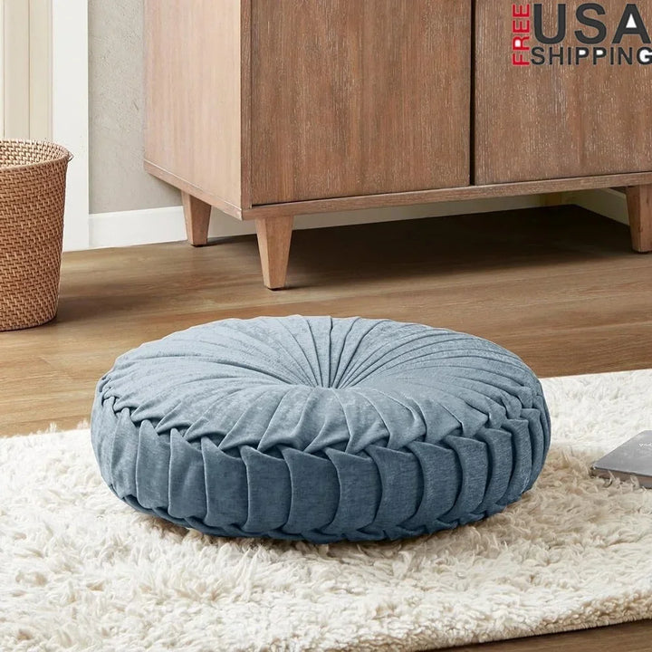 Loretta Chenille Round Floor Pillow Soft Button Tufted Meditation Cushion Elegant Pleated Details Cozy Home Decor Ideal Yoga and