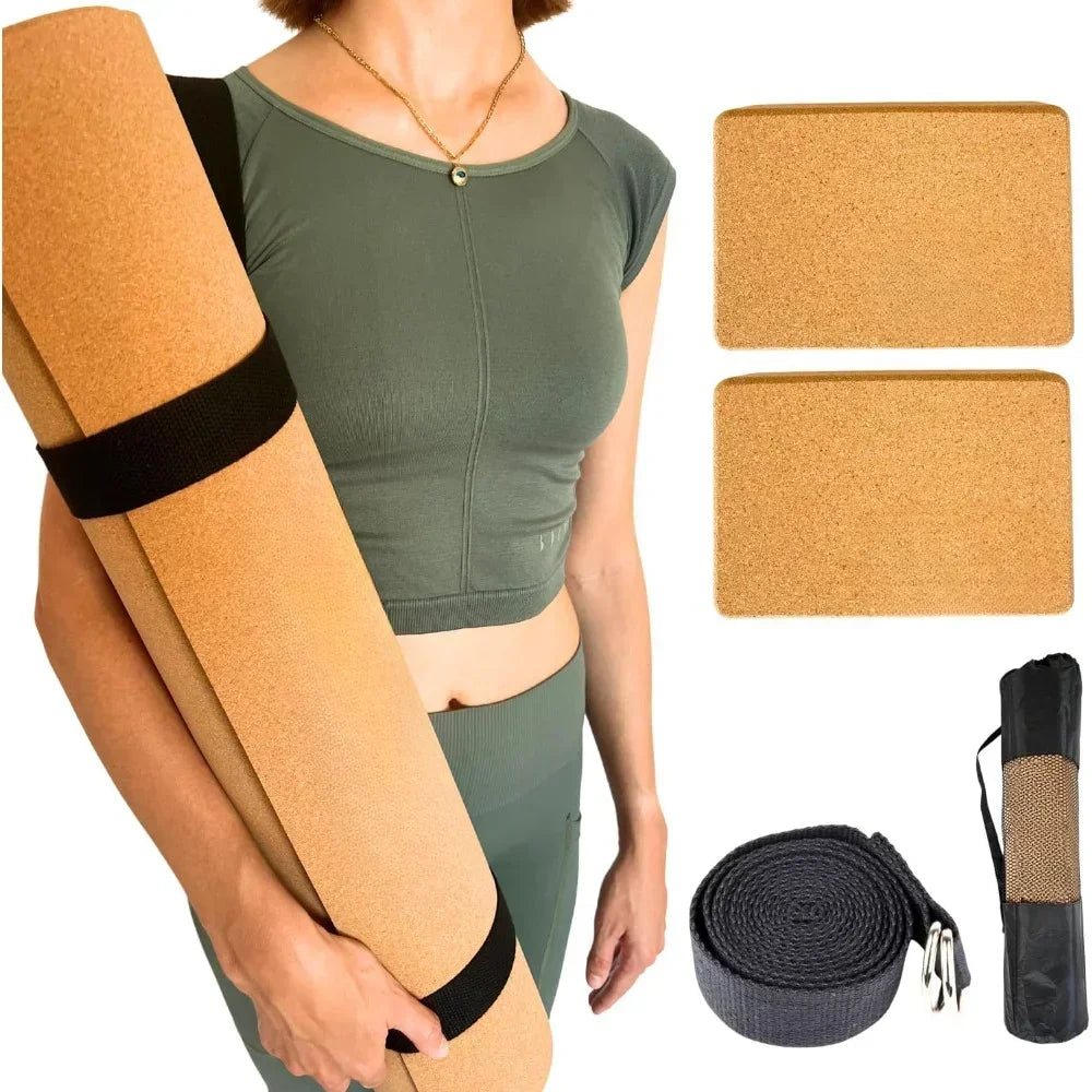 5-Piece Premium Cork Yoga Kit with Mat, Blocks, Strap & Bag