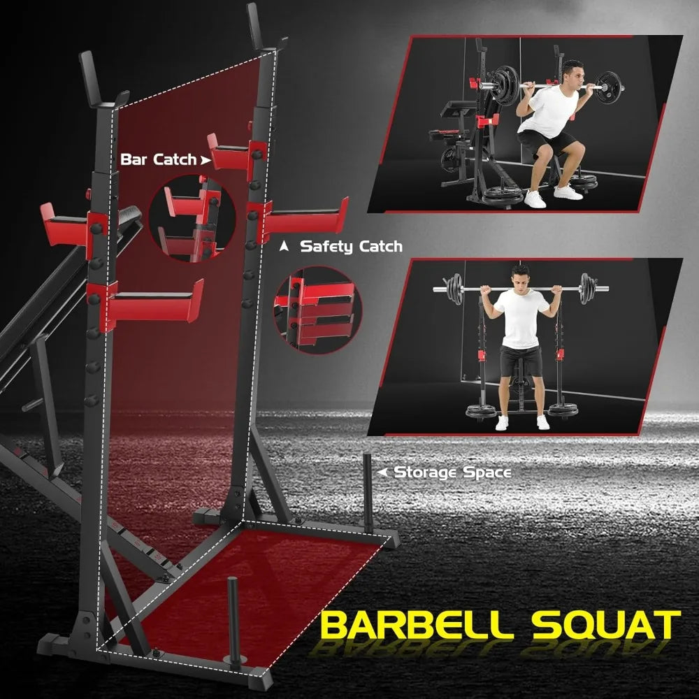 900lbs Weight Bench Set with Squat Rack & Preacher Curl Station