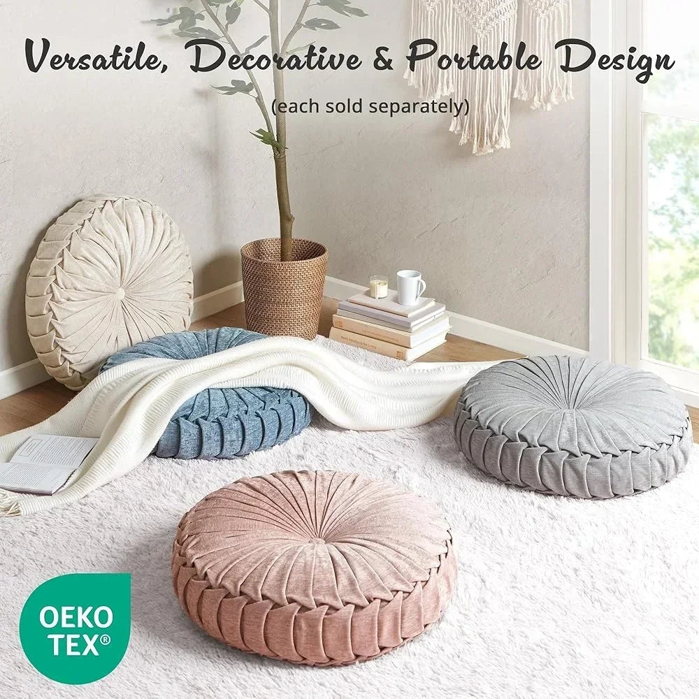 Loretta Chenille Round Floor Pillow Soft Button Tufted Meditation Cushion Elegant Pleated Details Cozy Home Decor Ideal Yoga and