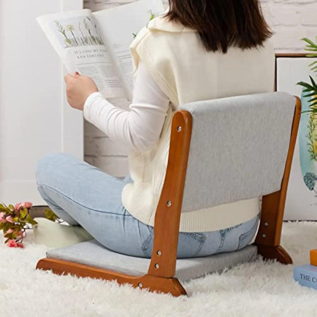 Floor Chair with Back Support, Foldable Japanese Style Floor Chair, Wood Legless Tatami Chair with Cushion, Accent Meditation