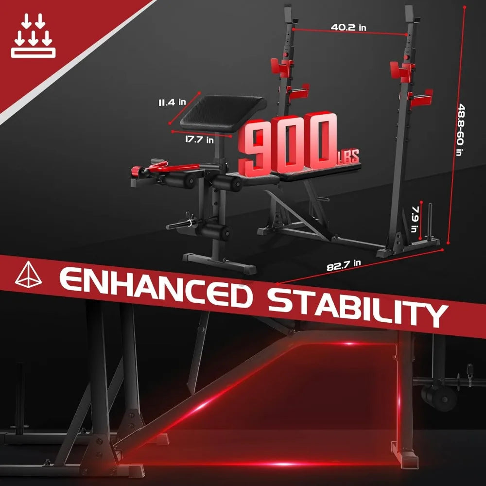 900lbs Weight Bench Set with Squat Rack & Preacher Curl Station