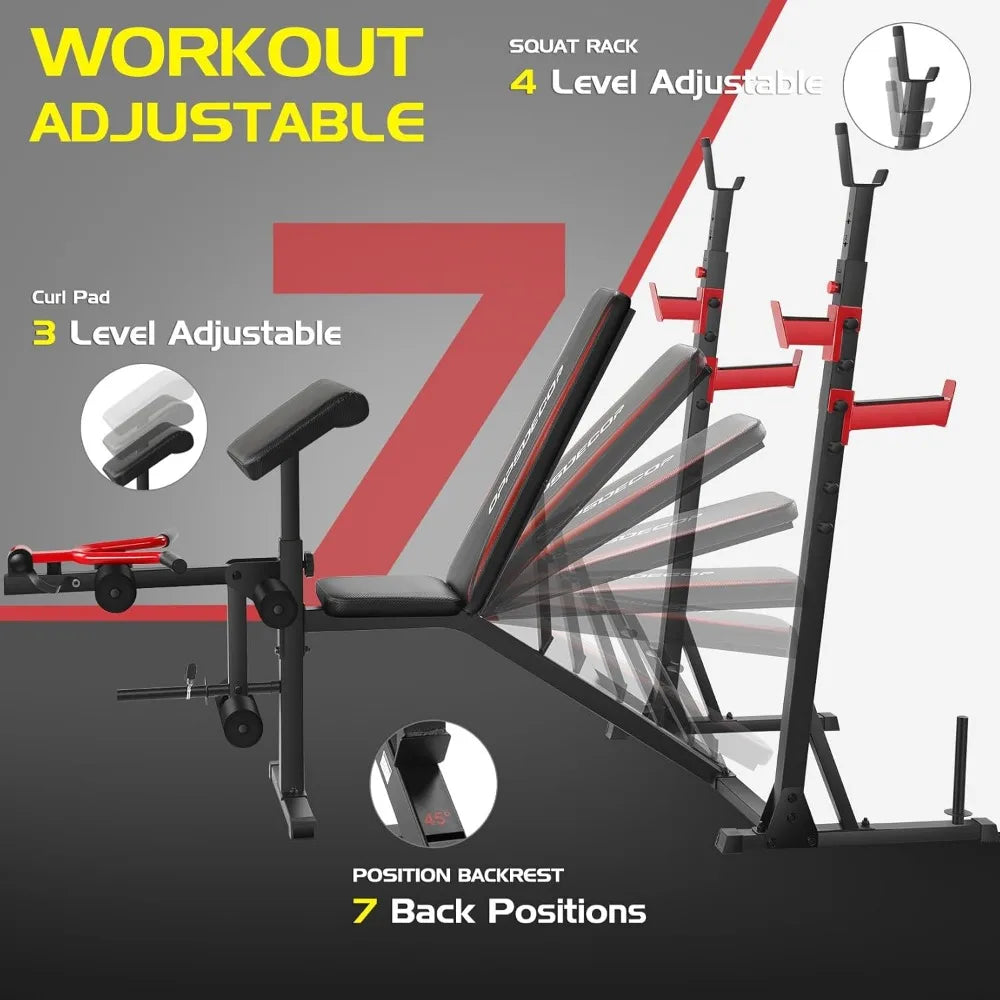 900lbs Weight Bench Set with Squat Rack & Preacher Curl Station