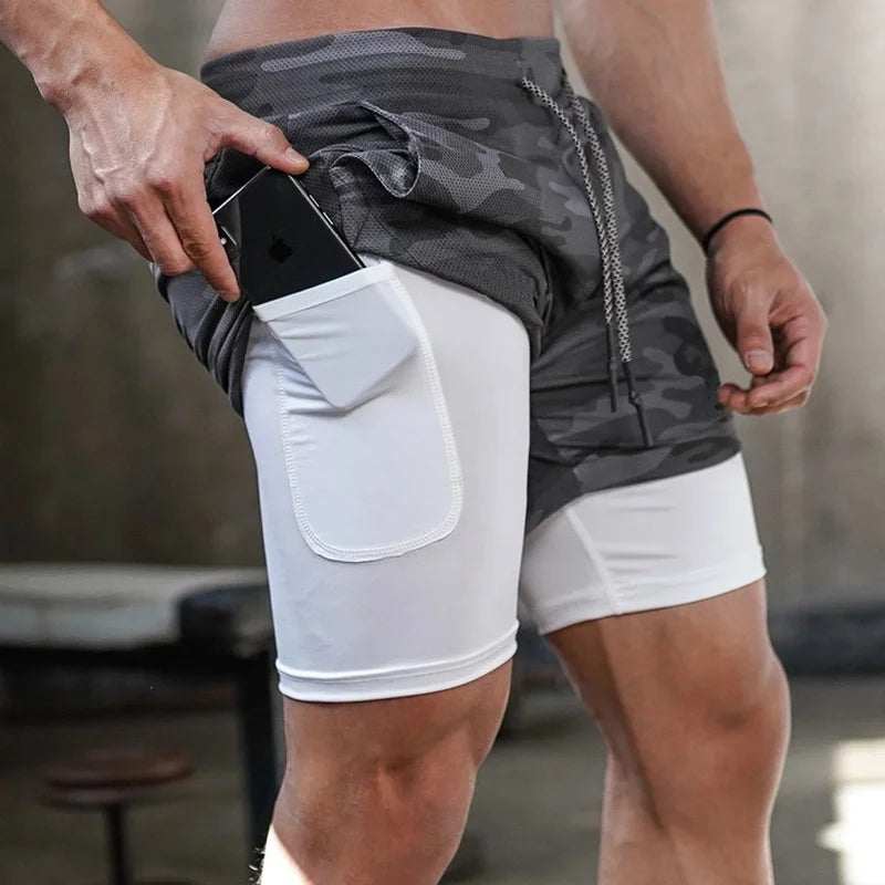 Men’s Camo 2-in-1 Running & Gym Shorts – Quick-Dry