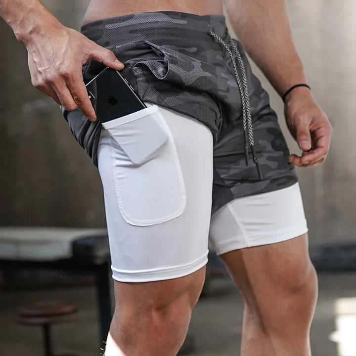 Men’s Camo 2-in-1 Running & Gym Shorts – Quick-Dry