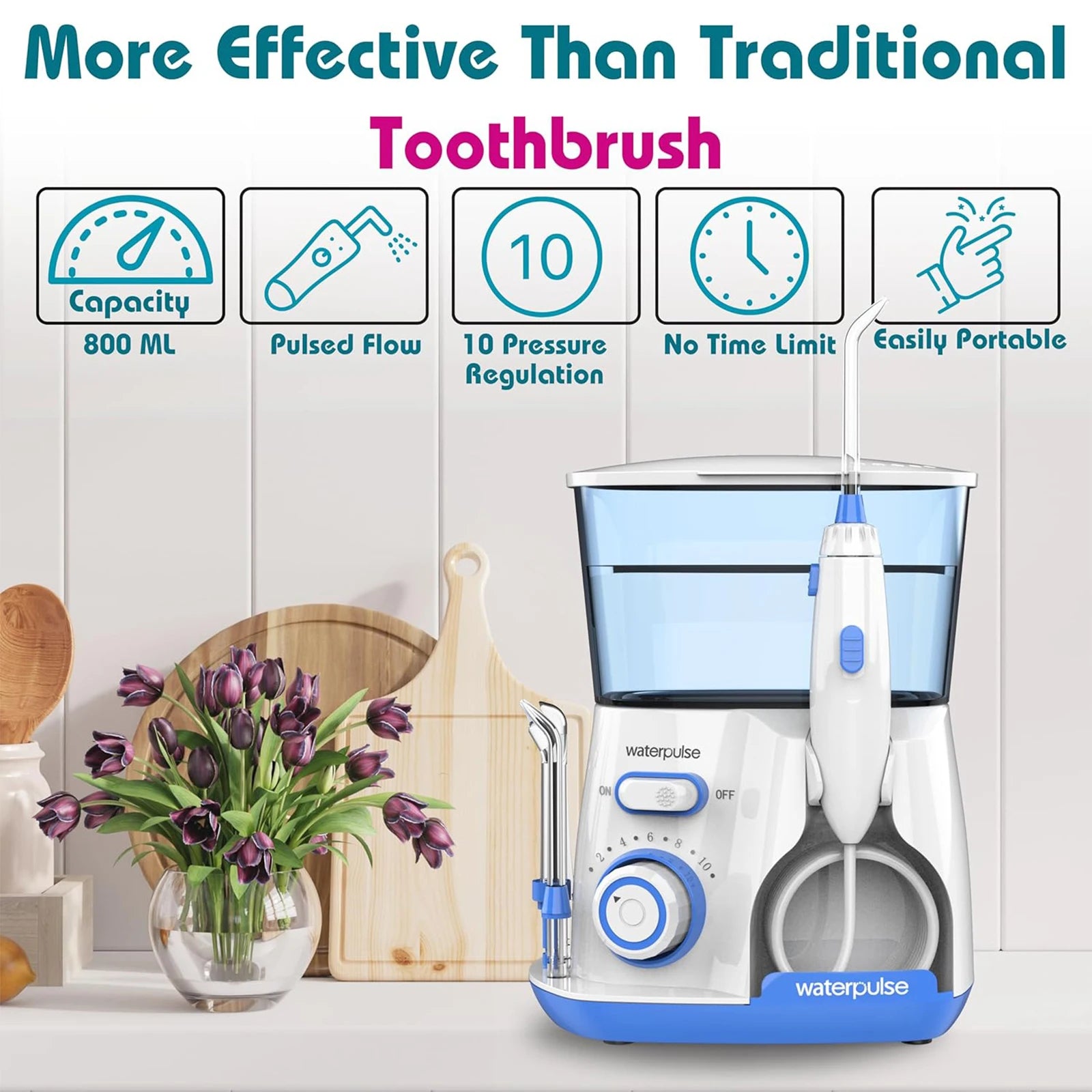 Waterpulse Electric Water Flosser – 800ML Oral Irrigator 5x Tips