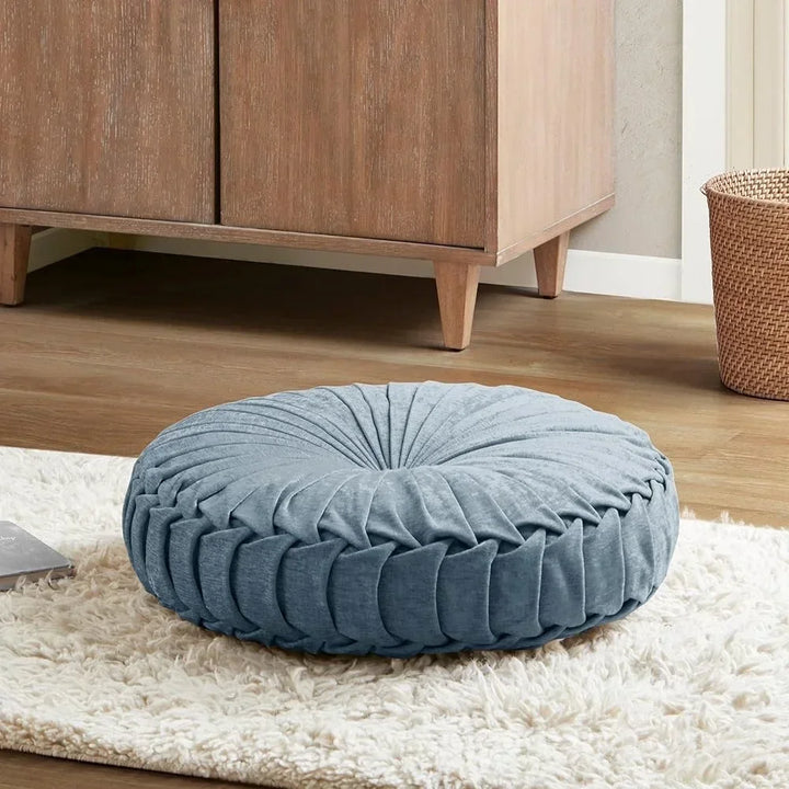 Loretta Chenille Round Floor Pillow Soft Button Tufted Meditation Cushion Elegant Pleated Details Cozy Home Decor Ideal Yoga and
