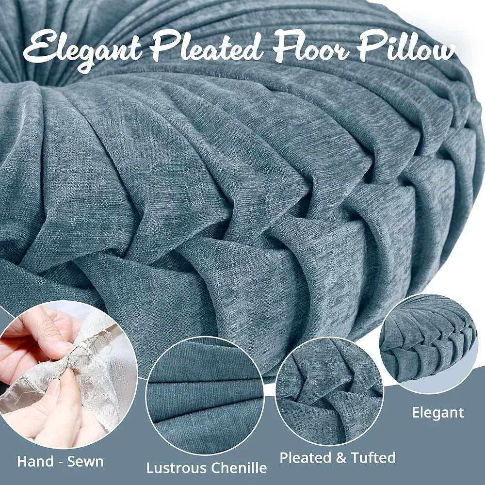 Loretta Chenille Round Floor Pillow Soft Button Tufted Meditation Cushion Elegant Pleated Details Cozy Home Decor Ideal Yoga and