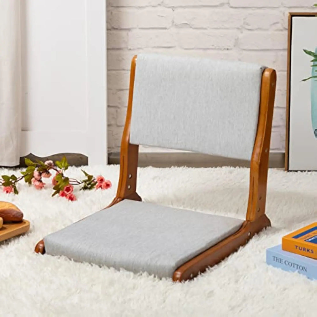 Floor Chair with Back Support, Foldable Japanese Style Floor Chair, Wood Legless Tatami Chair with Cushion, Accent Meditation